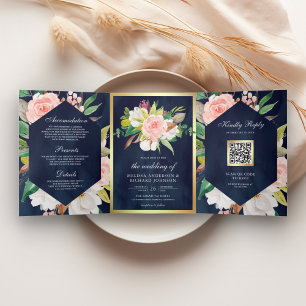 Navy Blue Blush Pink Floral Gold QR Code Wedding Tri-Fold Invitation