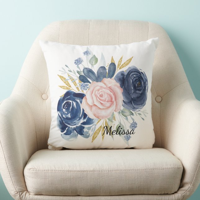 Navy blue blush pink floral personalise cushion (Creator Uploaded)