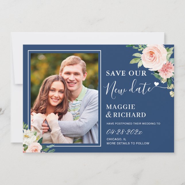 Navy Blue Blush Pink Floral Save Our New Date Save The Date (Front)