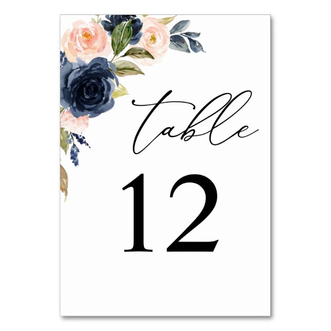 Navy Blue & Blush Pink Floral Table Number (Front)