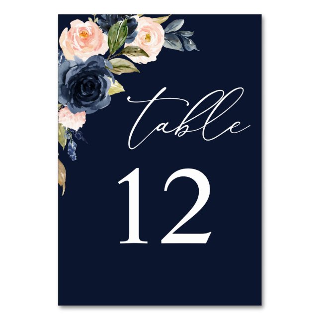 Navy Blue & Blush Pink Floral Table Number - Navy (Front)