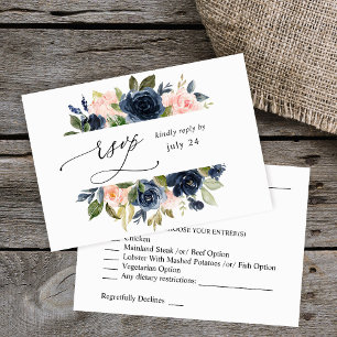 Navy Blue & Blush Pink Floral w Meal RSVP Card