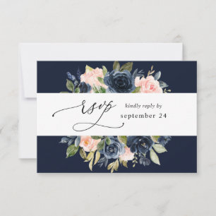 Navy Blue & Blush Pink Floral w Meal RSVP - Navy Card