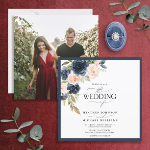 Navy Blue Blush Pink Floral Watercolor Photo Invitation