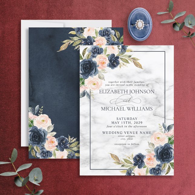 Navy Blue Blush Pink Floral Watercolor Script Invitation (Creator Uploaded)