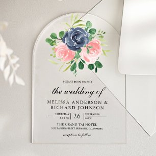 Navy Blue Blush Pink Floral Wedding Acrylic Invitations