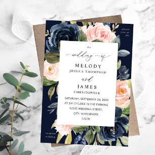 Navy Blue & Blush Pink Floral Wedding Fall Invitation