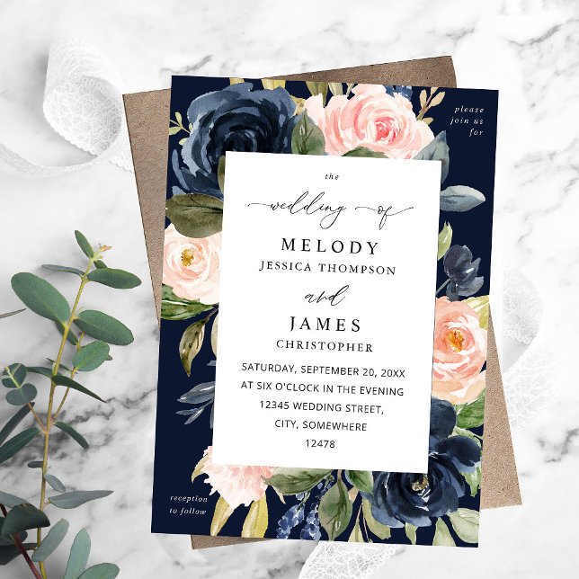 Navy Blue & Blush Pink Floral Wedding Fall Invitation (Creator Uploaded)