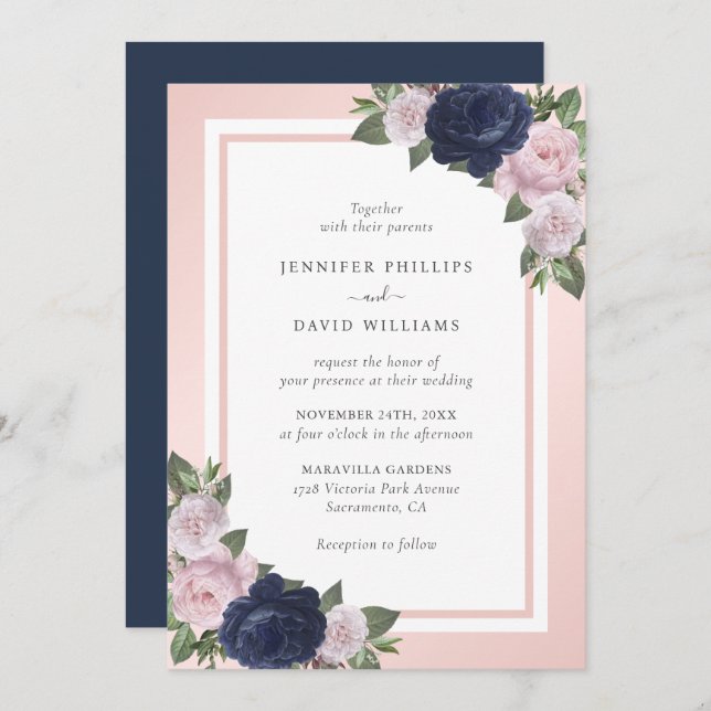 Navy Blue Blush Pink Floral Wedding Invitation (Front/Back)