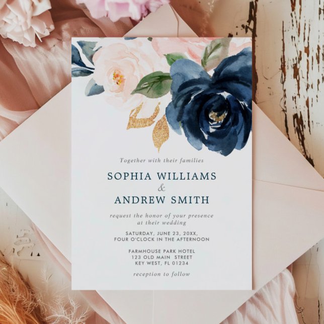 Navy Blue & Blush Pink Floral Wedding Invitation (Creator Uploaded)