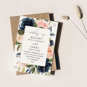 Navy Blue & Blush Pink Floral Wedding Invitation