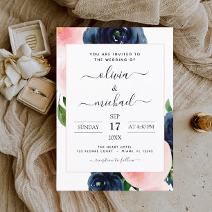 Navy Blue Blush Pink Floral Wedding Invitation