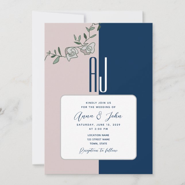 Navy Blue Blush Pink Floral Wedding Invitation (Front)