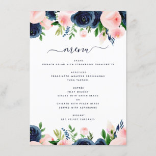 Navy Blue Blush Pink Floral Wedding Menu
