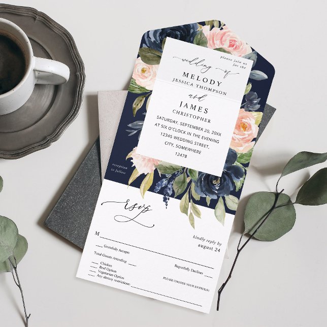 Navy Blue & Blush Pink Floral Wedding - Navy All In One Invitation (Creator Uploaded)