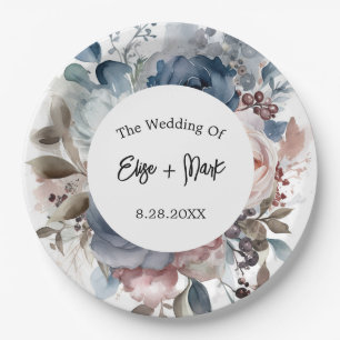 Navy Blue Blush Pink Floral Wedding Paper Plate