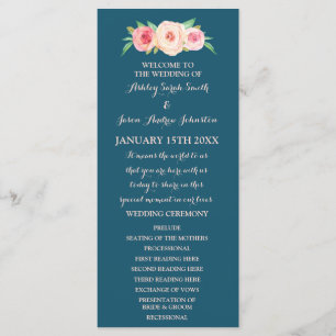 Navy Blue Blush Pink Floral Wedding Program