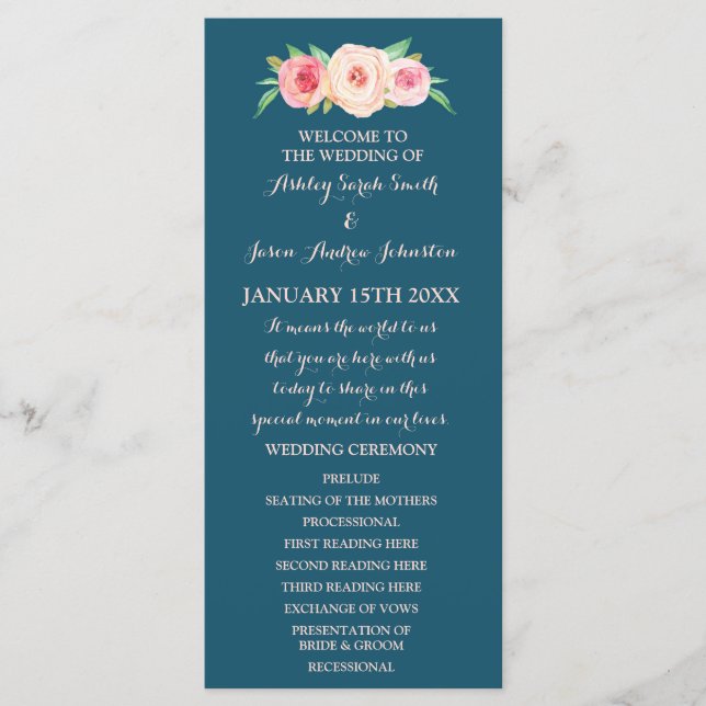 Navy Blue Blush Pink Floral Wedding Program (Front)