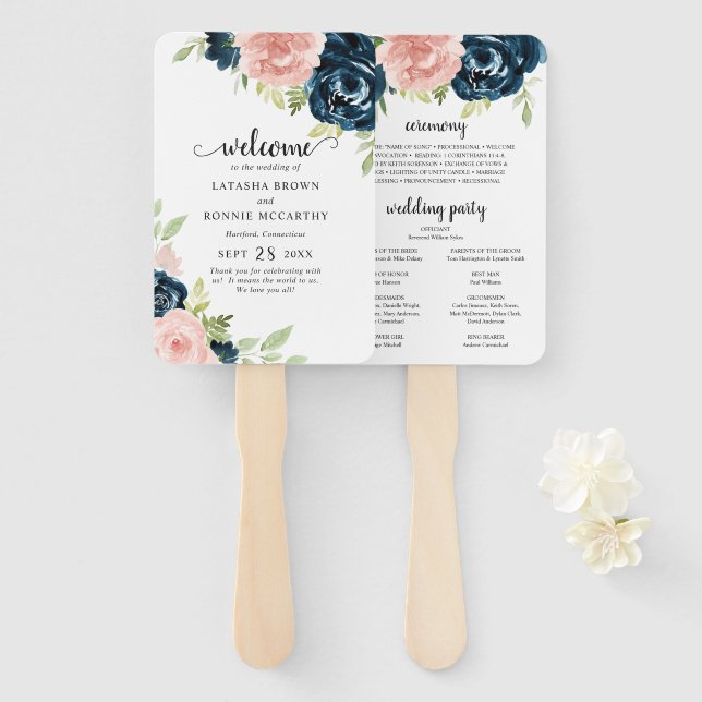 Navy Blue Blush Pink Floral Wedding Program Hand Fan (Front and Back)
