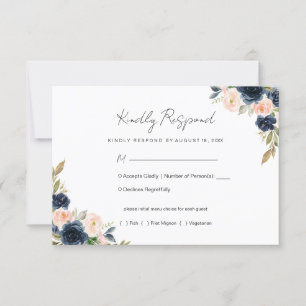 Navy Blue & Blush Pink Floral Wedding RSVP