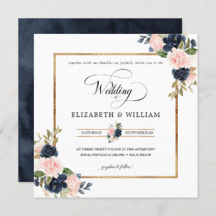 Navy Blue & Blush Pink Floral Wedding Square Invitation