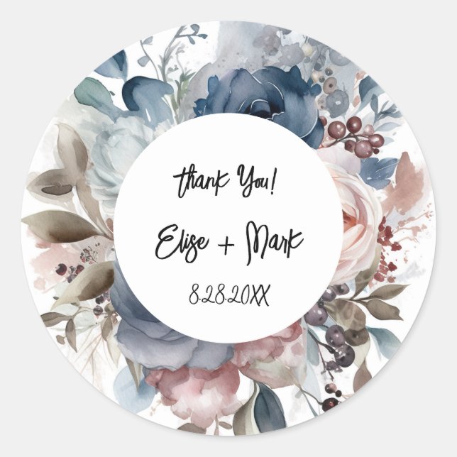 Navy Blue Blush Pink Floral Wedding Thank You Classic Round Sticker (Front)