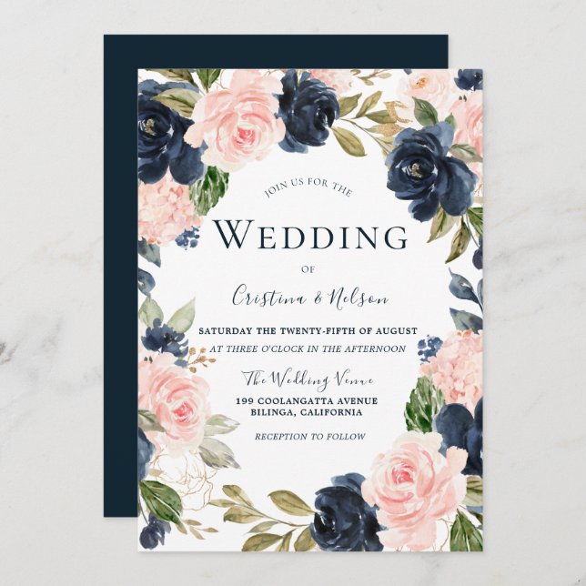 Navy Blue Blush Pink Floral Wreath Wedding Invitation (Front/Back)