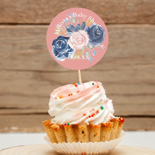 Navy blue blush pink florals cupcake toppers classic round sticker (Creator Uploaded)