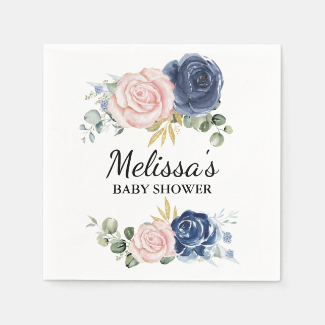 Navy blue blush pink florals custom party napkin (Front)