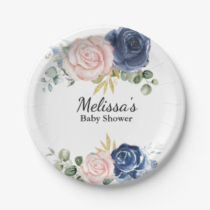 Navy blue blush pink florals dessert paper plate