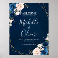Navy Blue Blush Pink Florals Wedding Welcome