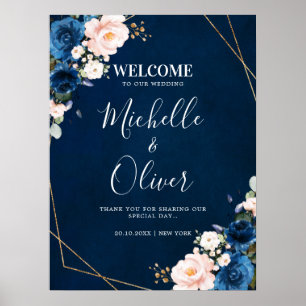 Navy Blue Blush Pink Florals Wedding Welcome Poster