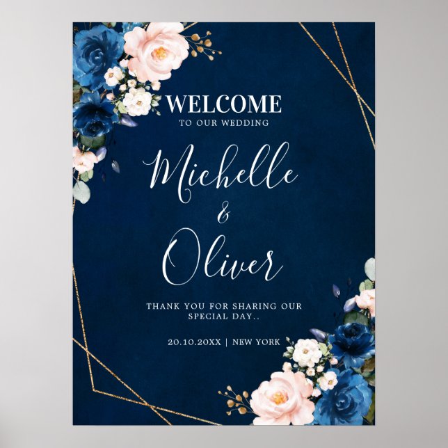 Navy Blue Blush Pink Florals Wedding Welcome Poster (Front)