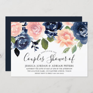Navy Blue Blush Pink Flowers Couples Shower Invitation