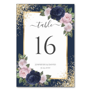 Navy Blue Blush Pink Gold Confetti Floral Wedding Table Number