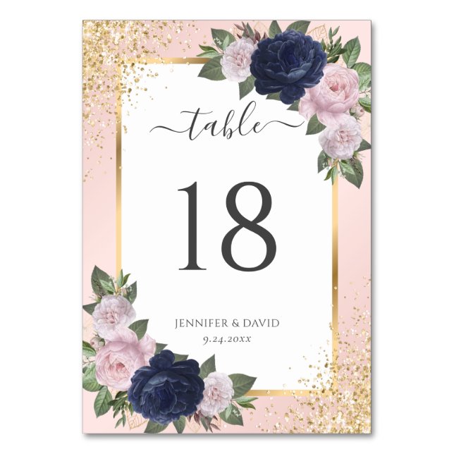 Navy Blue Blush Pink Gold Confetti Floral Wedding Table Number (Front)