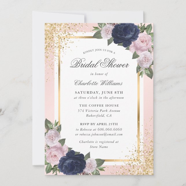 Navy Blue Blush Pink Gold Floral Bridal Shower Invitation (Front)