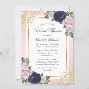 Navy Blue Blush Pink Gold Floral Bridal Shower Invitation
