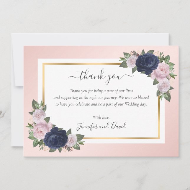Navy Blue Blush Pink Gold Floral Thank You Card (Front)