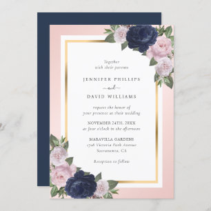 Navy Blue Blush Pink Gold Floral Wedding Invitation