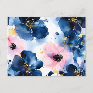 Navy Blue Blush Pink Gold  Watercolor Floral Holiday Postcard