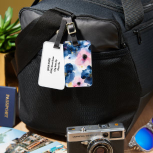 Navy Blue Blush Pink Gold  Watercolor Floral Luggage Tag