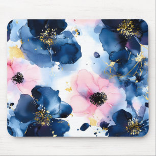 Navy Blue Blush Pink Gold Watercolor Floral Mouse Pad