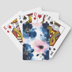 Navy Blue Blush Pink Gold Watercolor Floral Playing Cards