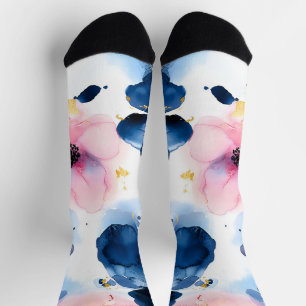 Navy Blue Blush Pink Gold  Watercolor Floral Socks