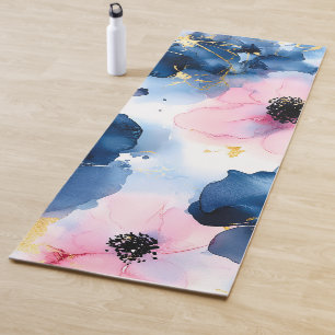 Navy Blue Blush Pink Gold Watercolor Floral Yoga Mat