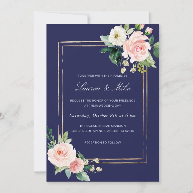 Navy Blue Blush Pink Gold Wedding Invitation (Front)