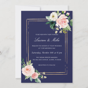 Navy Blue Blush Pink Gold Wedding Invitation