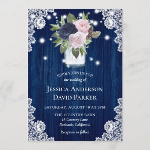 Navy Blue Blush Pink Lace Mason Jar Wedding Invitation