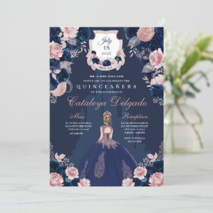 Navy Blue & Blush Pink Princess Castle Quinceañera Invitation